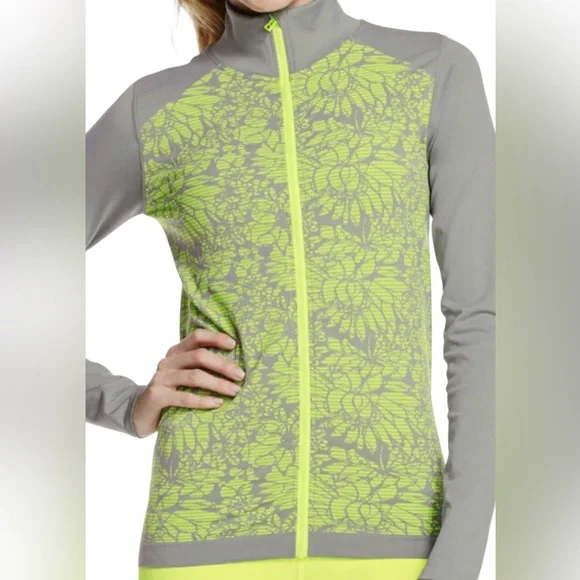 💚 EUC Fabletics Nanette Neon Green & Gray Floral Full-Zip Jacket | Women’s Small - Picture 2 of 13